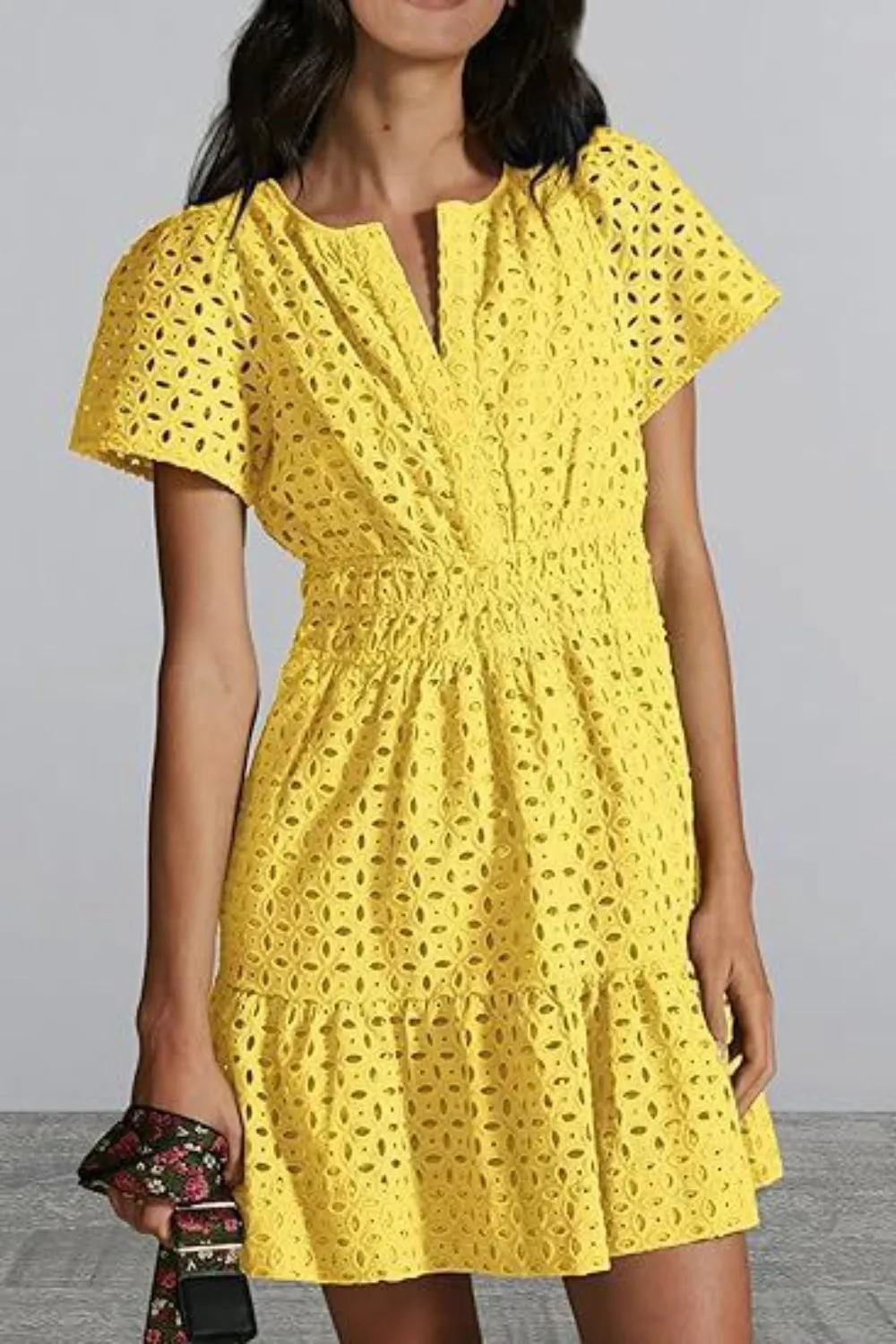 🌼 Eyelet Notched Short Sleeve Mini Dress 🌼