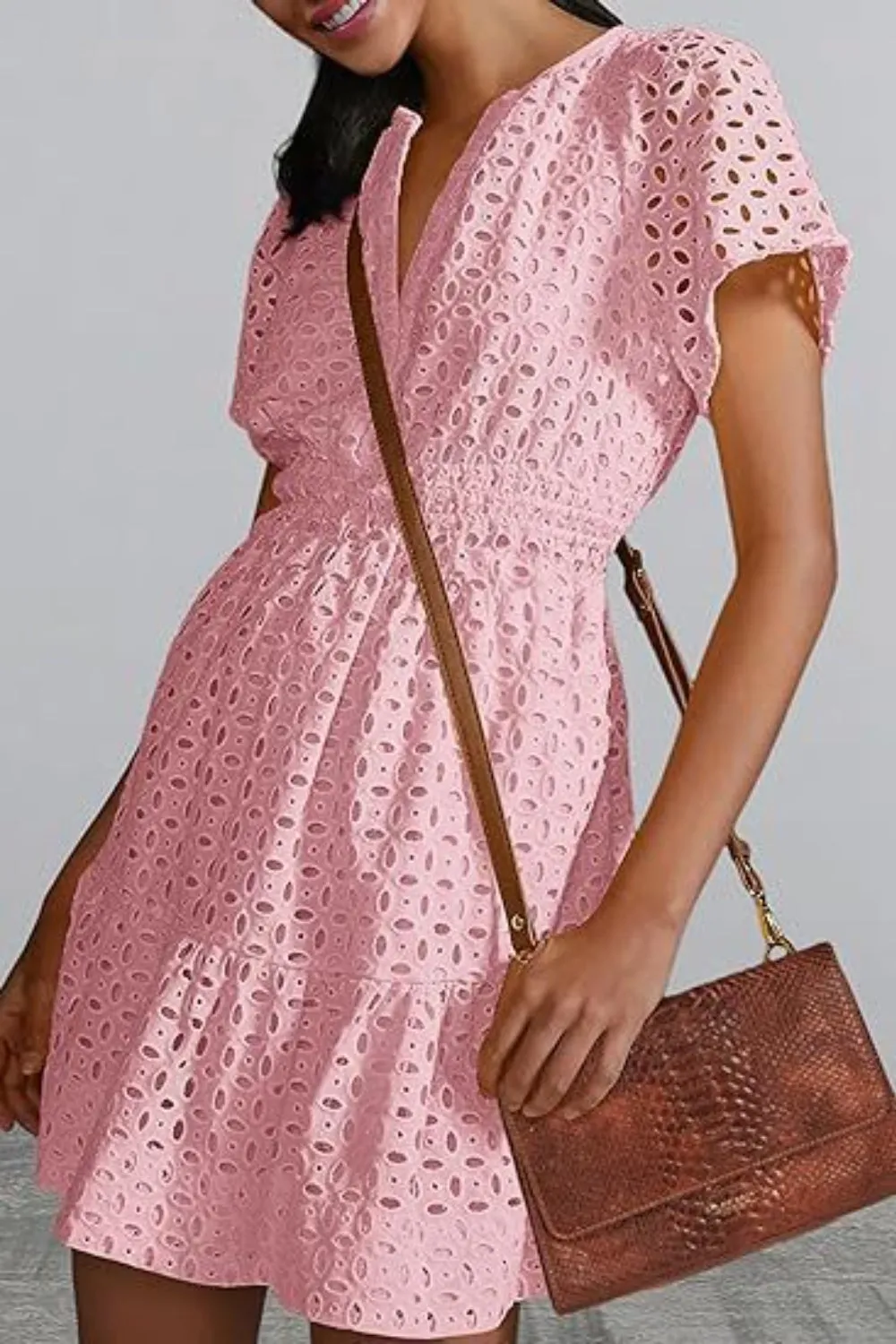 🌼 Eyelet Notched Short Sleeve Mini Dress 🌼