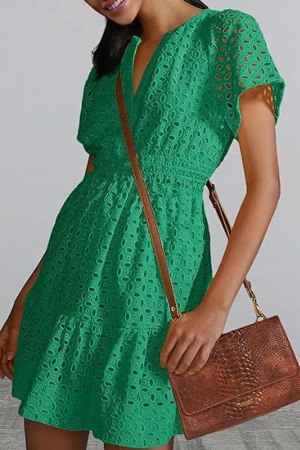 🌼 Eyelet Notched Short Sleeve Mini Dress 🌼