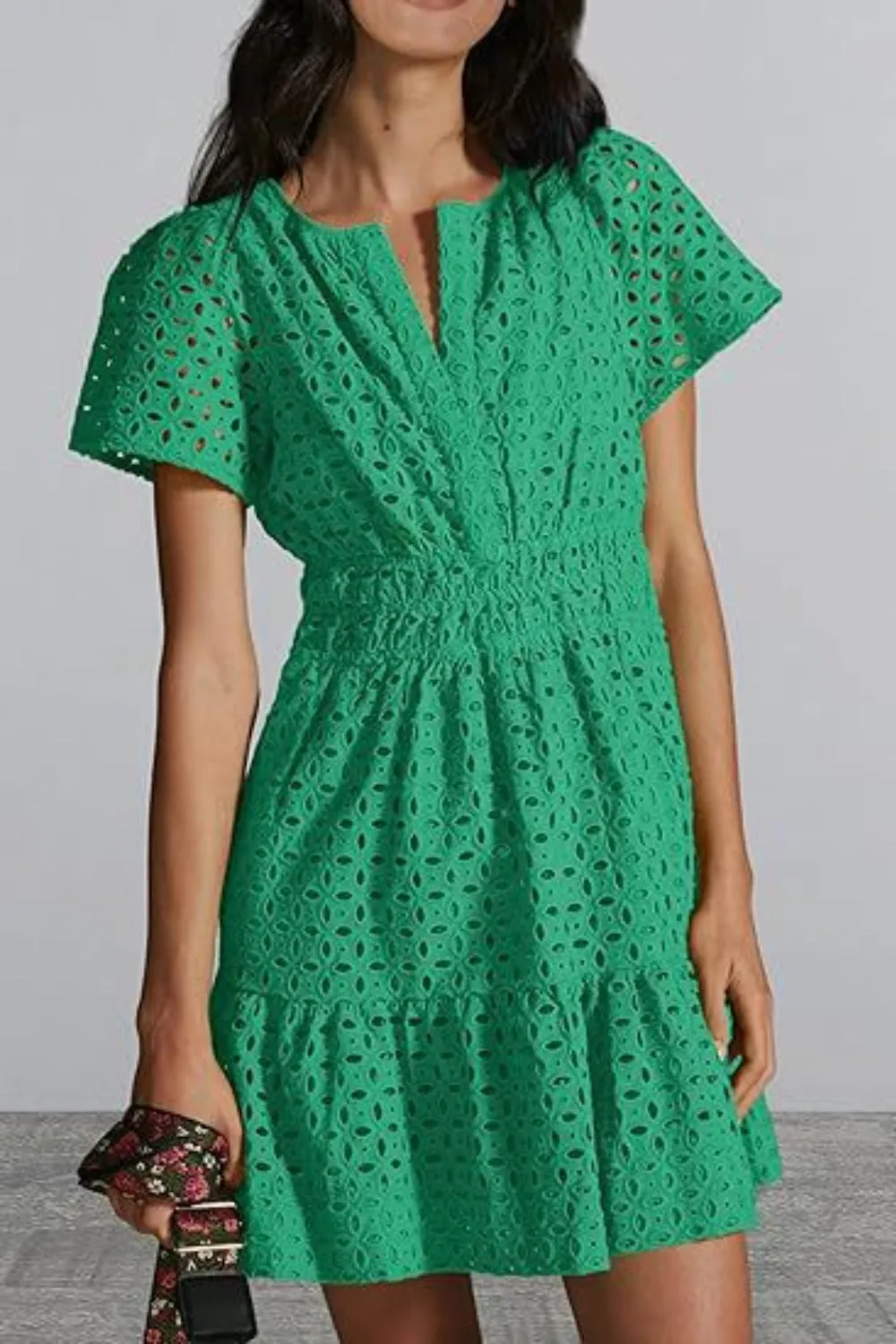 🌼 Eyelet Notched Short Sleeve Mini Dress 🌼