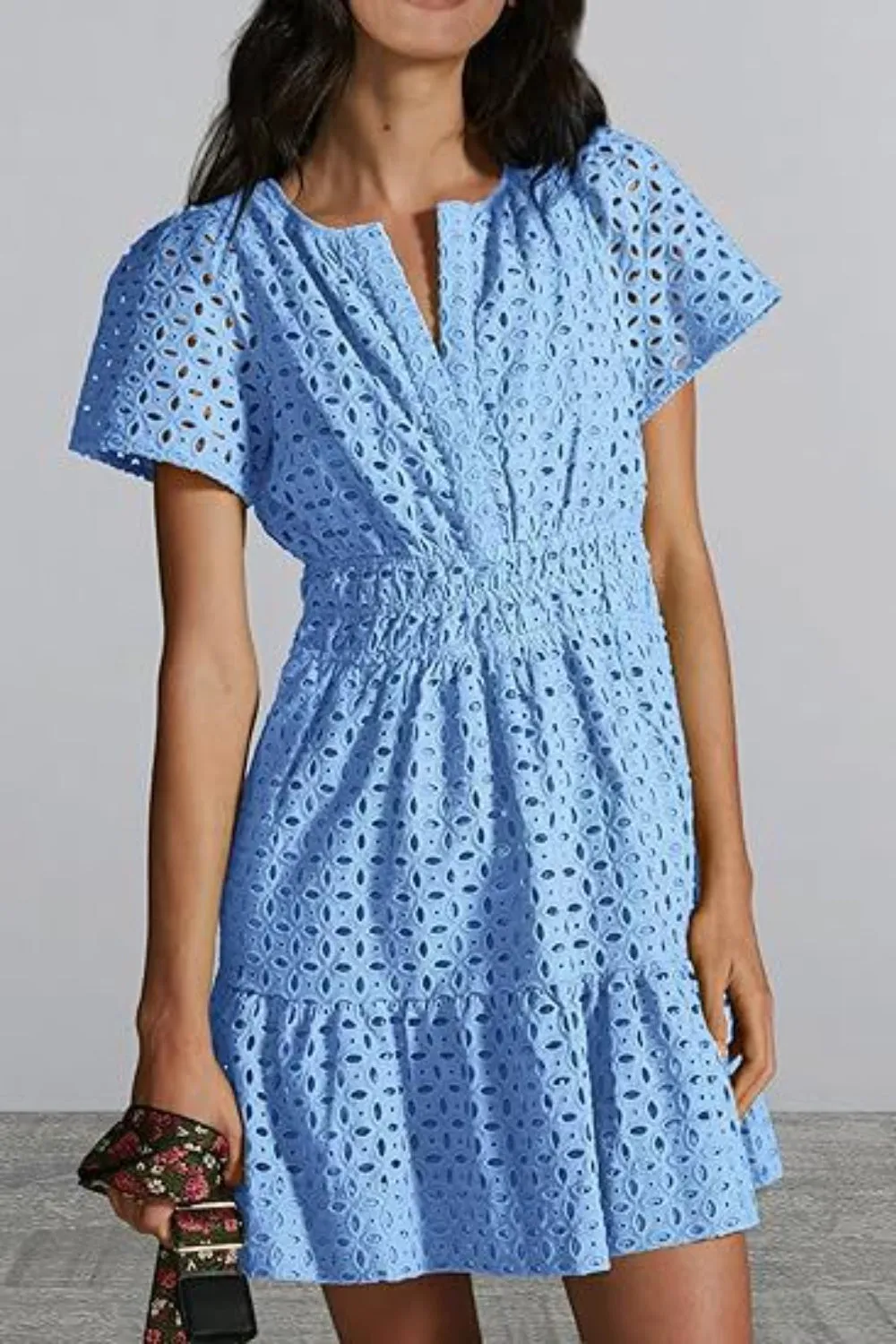🌼 Eyelet Notched Short Sleeve Mini Dress 🌼