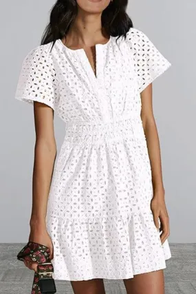 🌼 Eyelet Notched Short Sleeve Mini Dress 🌼