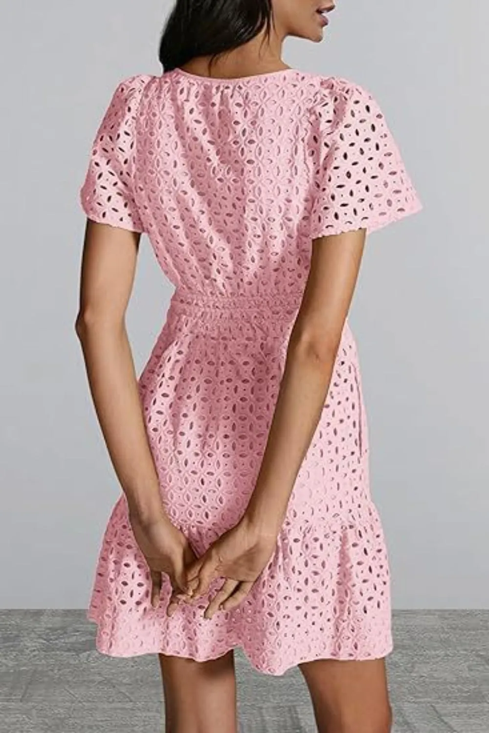 🌼 Eyelet Notched Short Sleeve Mini Dress 🌼