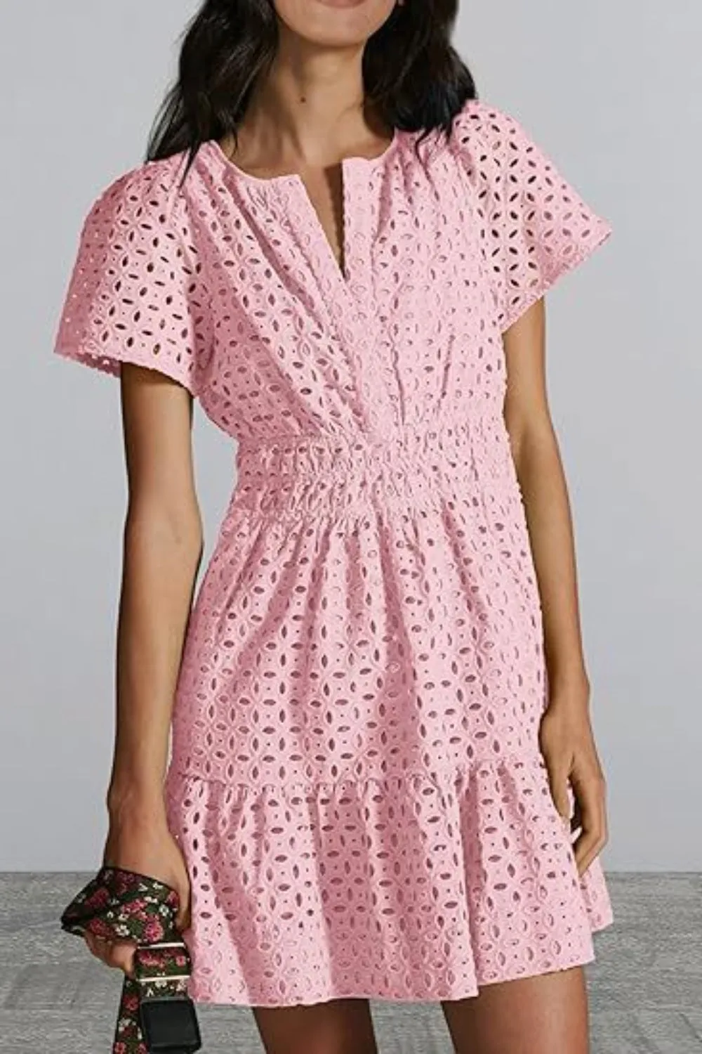 🌼 Eyelet Notched Short Sleeve Mini Dress 🌼