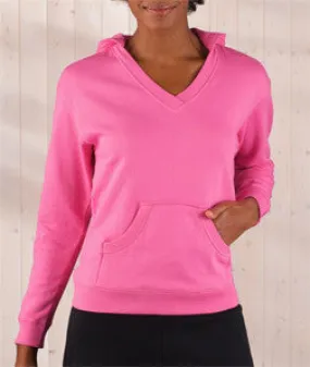 3654 LA T Ladies' French Terry Hooded Crossover V-Neck Pullover Raspberry Sorbet