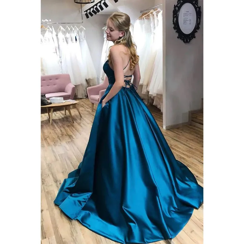 A-line Chic Scoop Criss Cross Straps Long Simple Prom Dress with Pockets