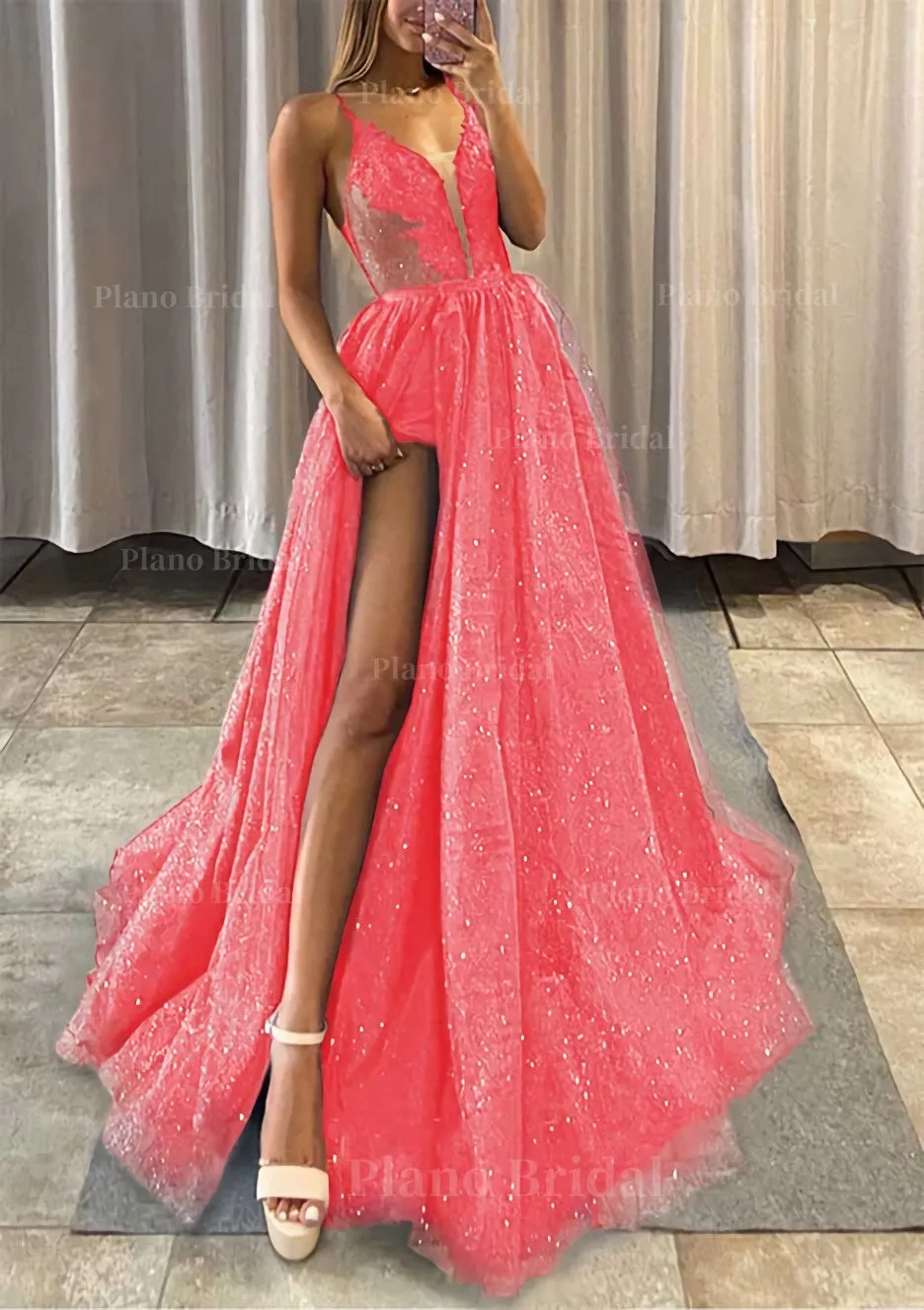 A-line V Neck Spaghetti Straps Long/Floor-Length Tulle Prom Dress With Appliqued Glitter Split Left