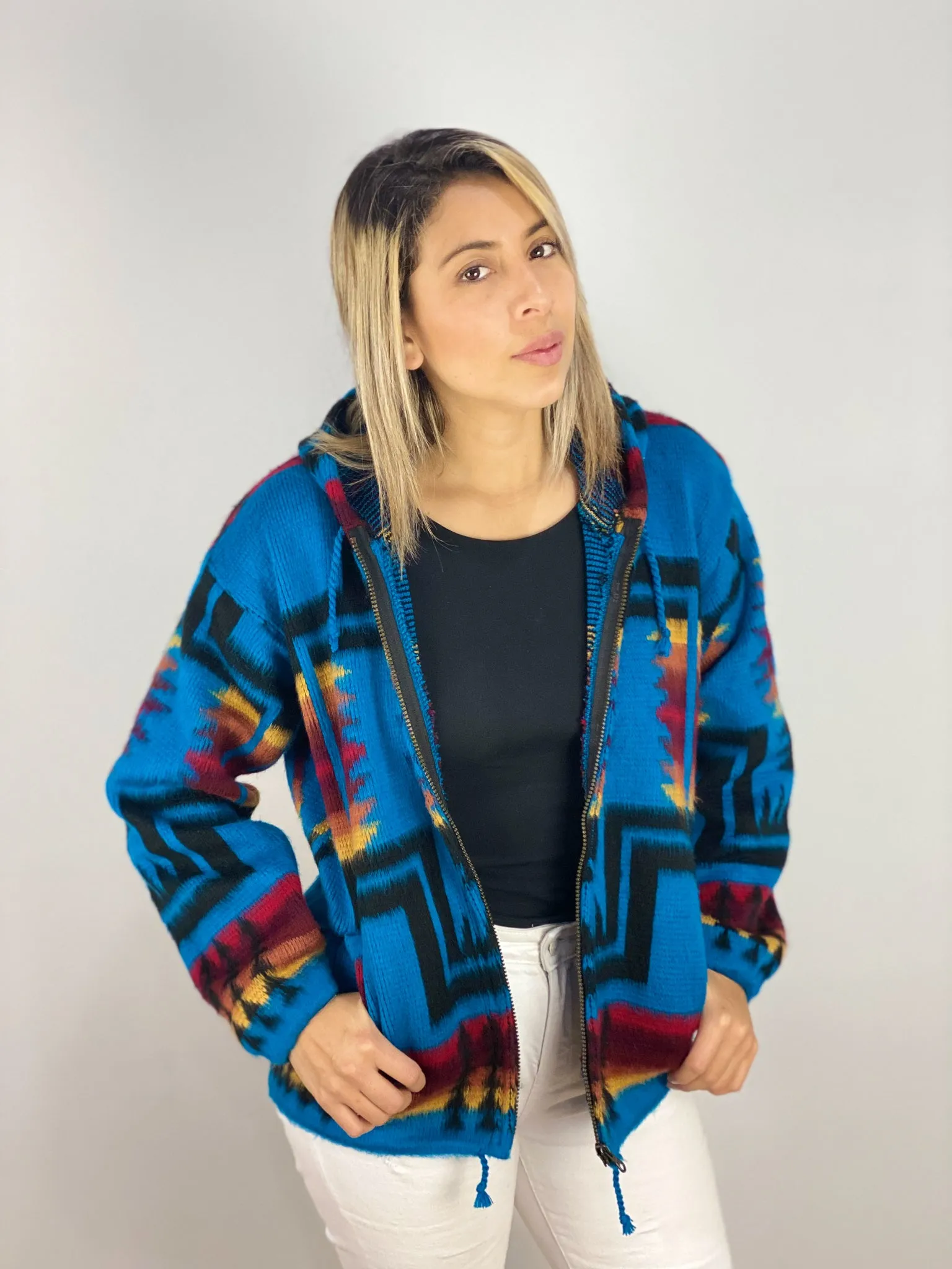 Alpaca Wool Jacket with Hoodie - Native American Style - Turquoise & Black