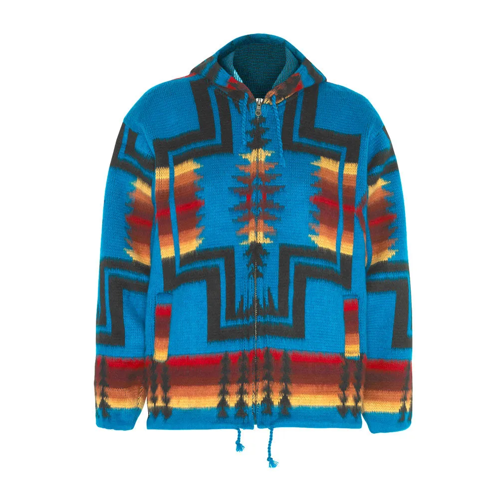 Alpaca Wool Jacket with Hoodie - Native American Style - Turquoise & Black