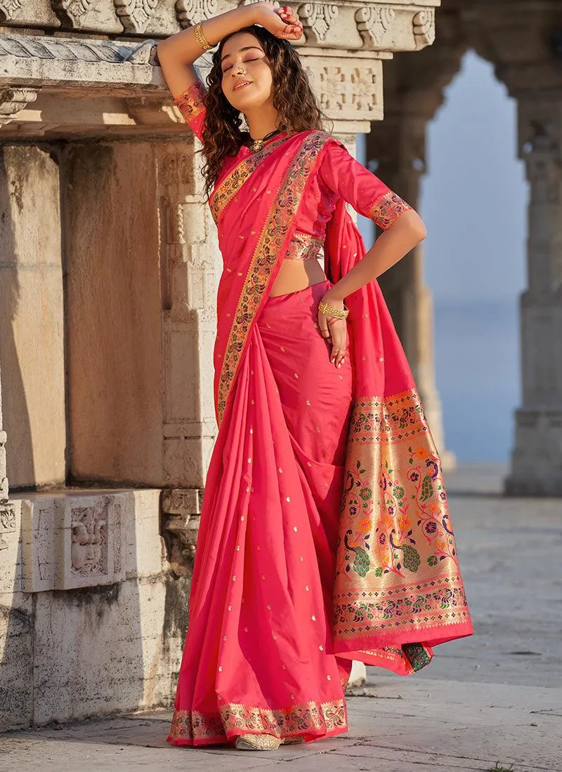 Amusing Peach Color Banarasi Soft Silk Weave Saree
