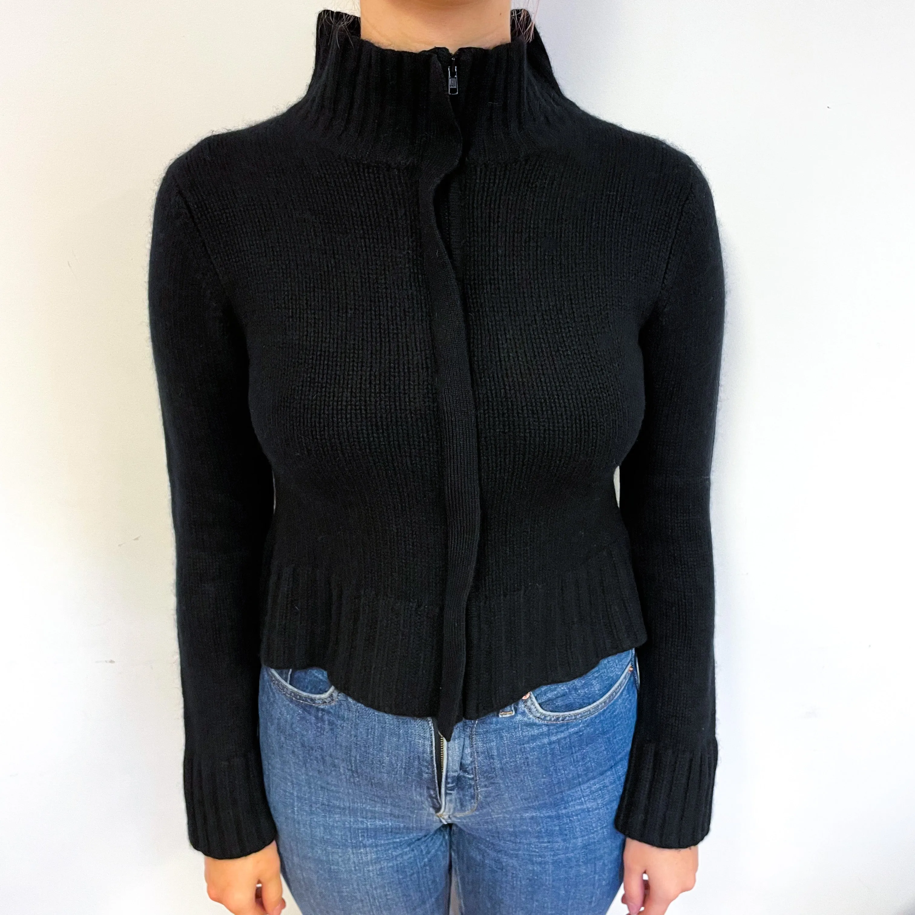 Black Chunky Cashmere Zip Turtle Neck Cardigan Small