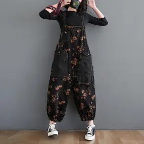 Black Denim Overalls Floral Print Dungaree