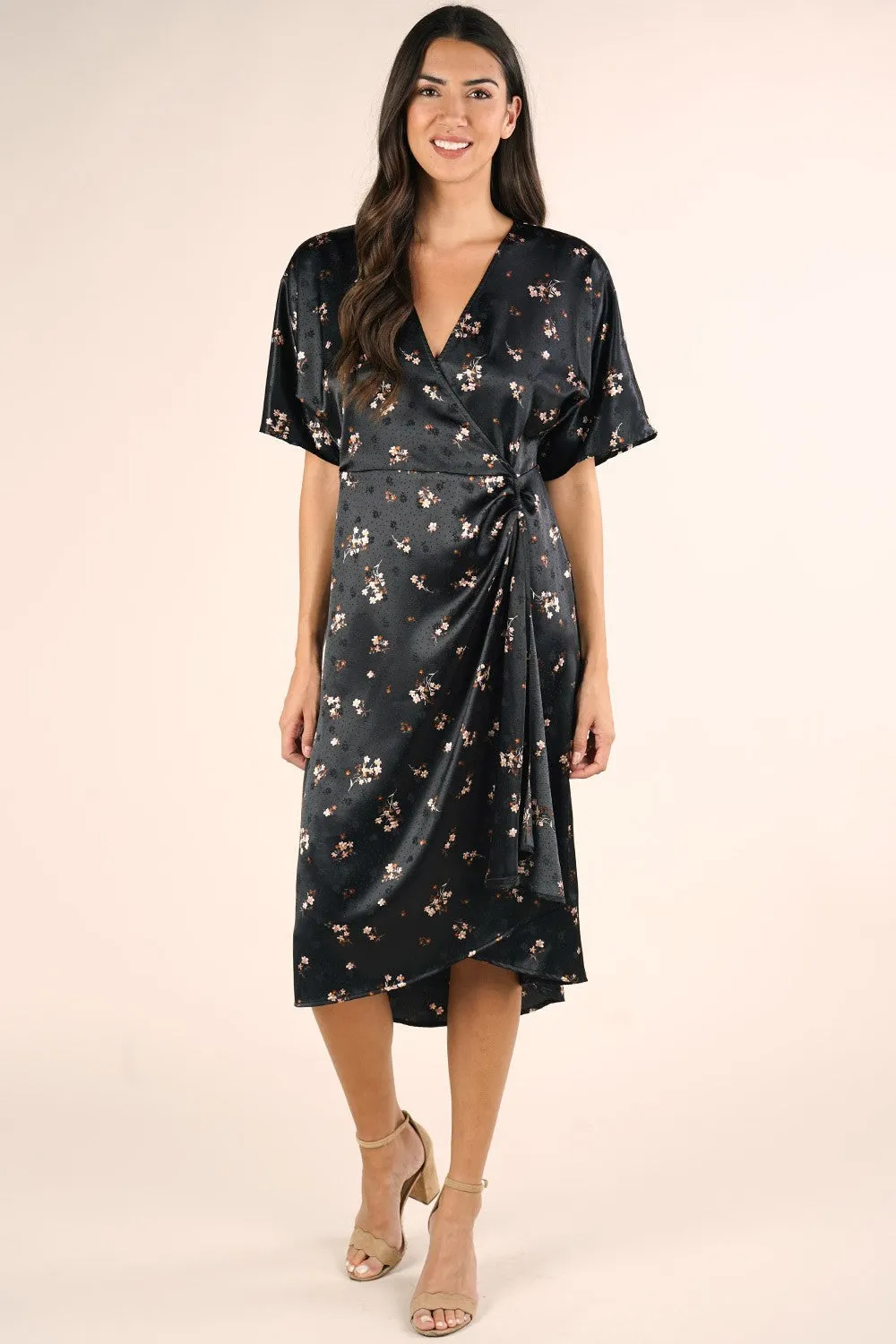 Black Satin Floral Midi Wrap Dress