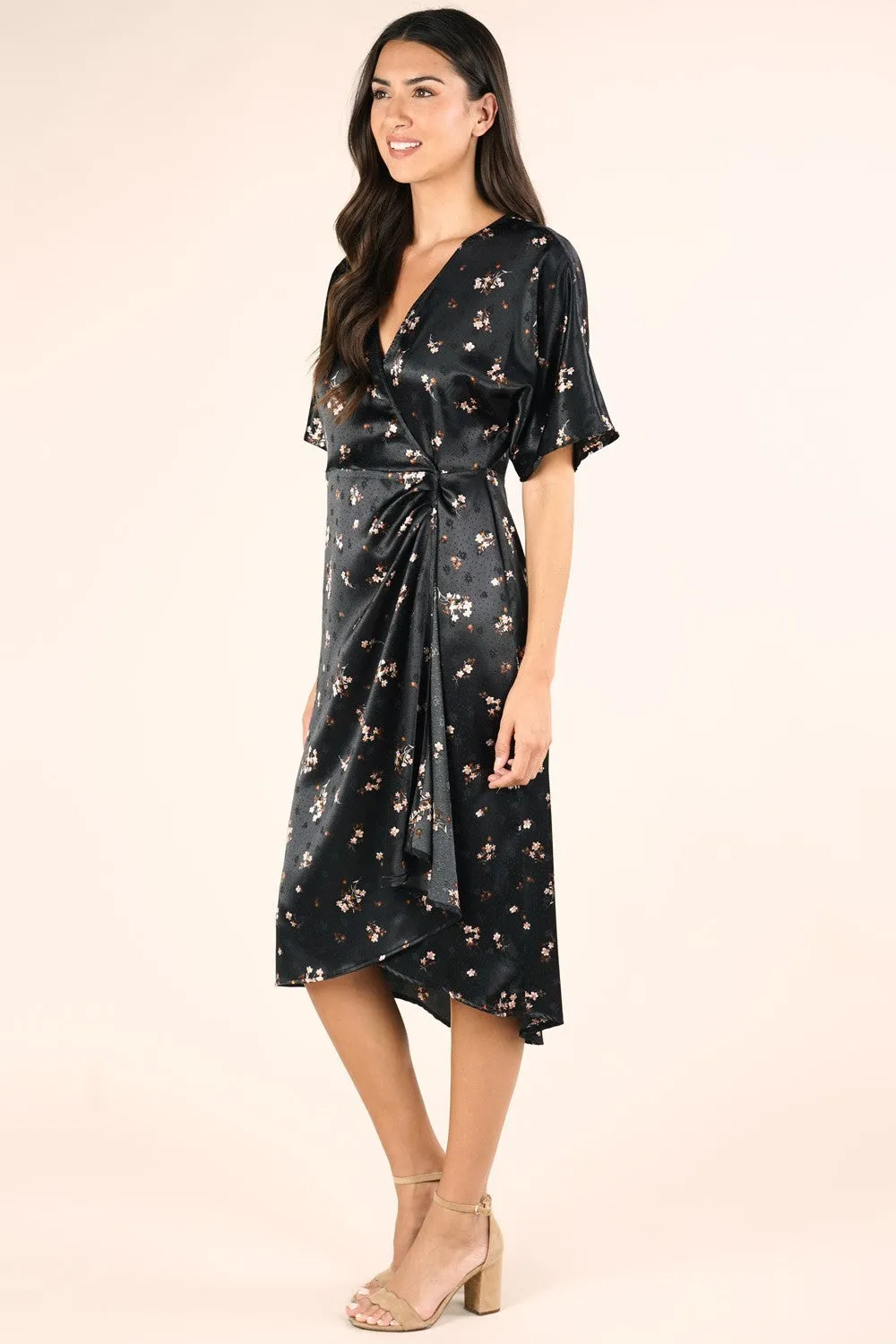 Black Satin Floral Midi Wrap Dress