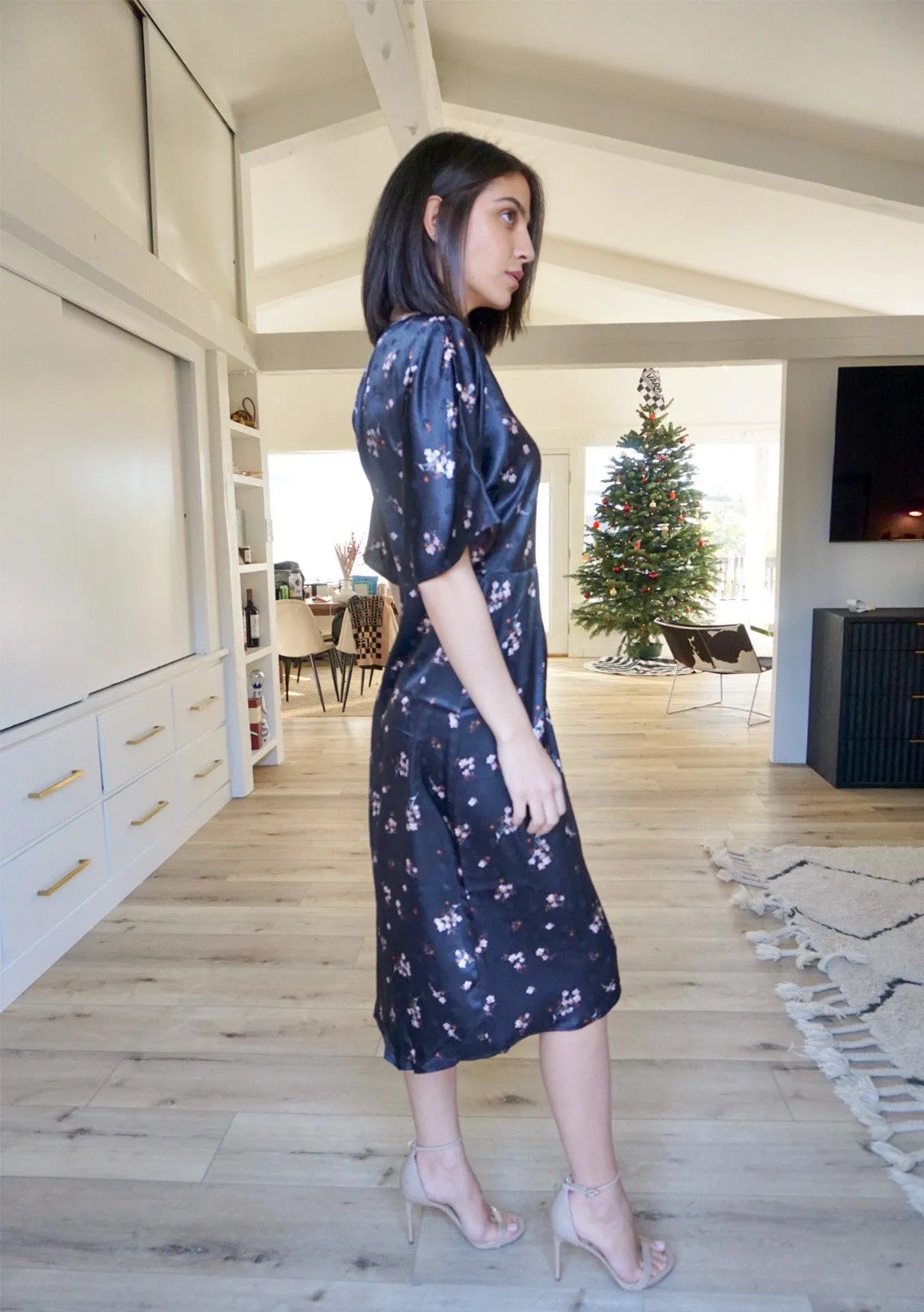 Black Satin Floral Midi Wrap Dress