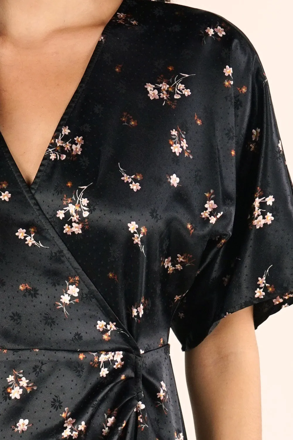 Black Satin Floral Midi Wrap Dress