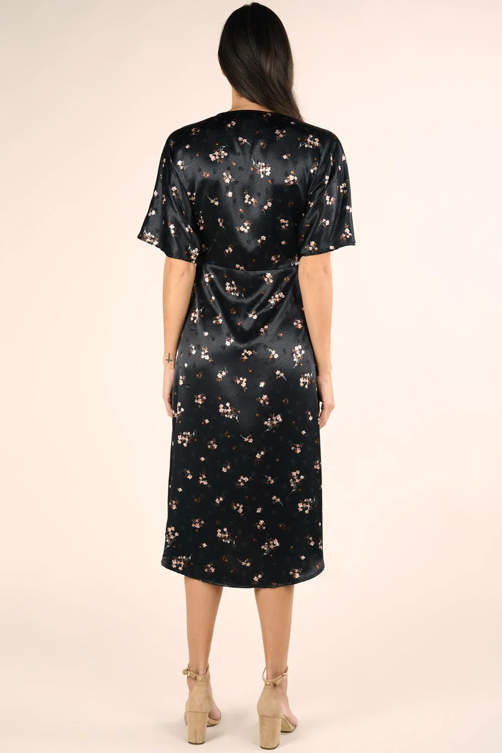 Black Satin Floral Midi Wrap Dress