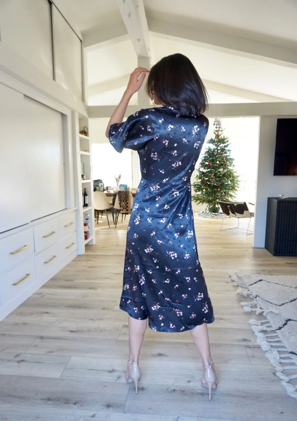 Black Satin Floral Midi Wrap Dress