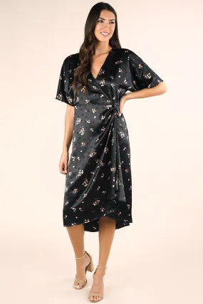 Black Satin Floral Midi Wrap Dress
