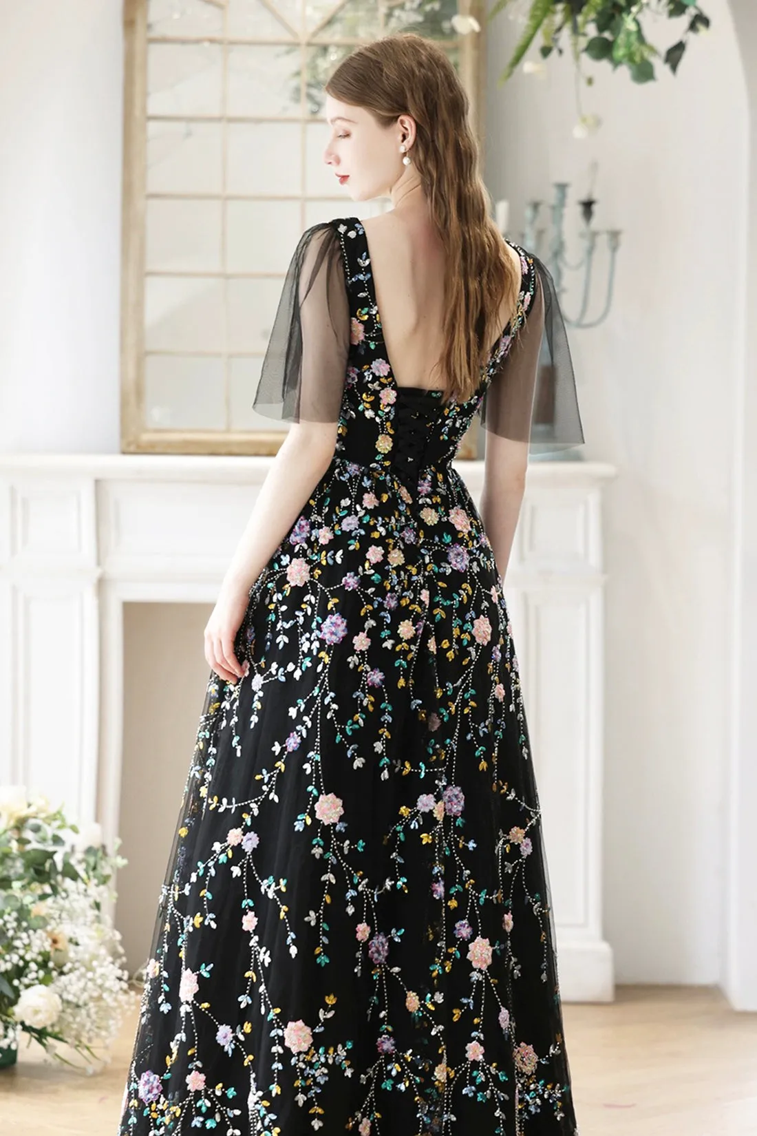 Black V-Neck Tulle Sequins Long Prom Dress, Black A-Line Formal Evening Dress