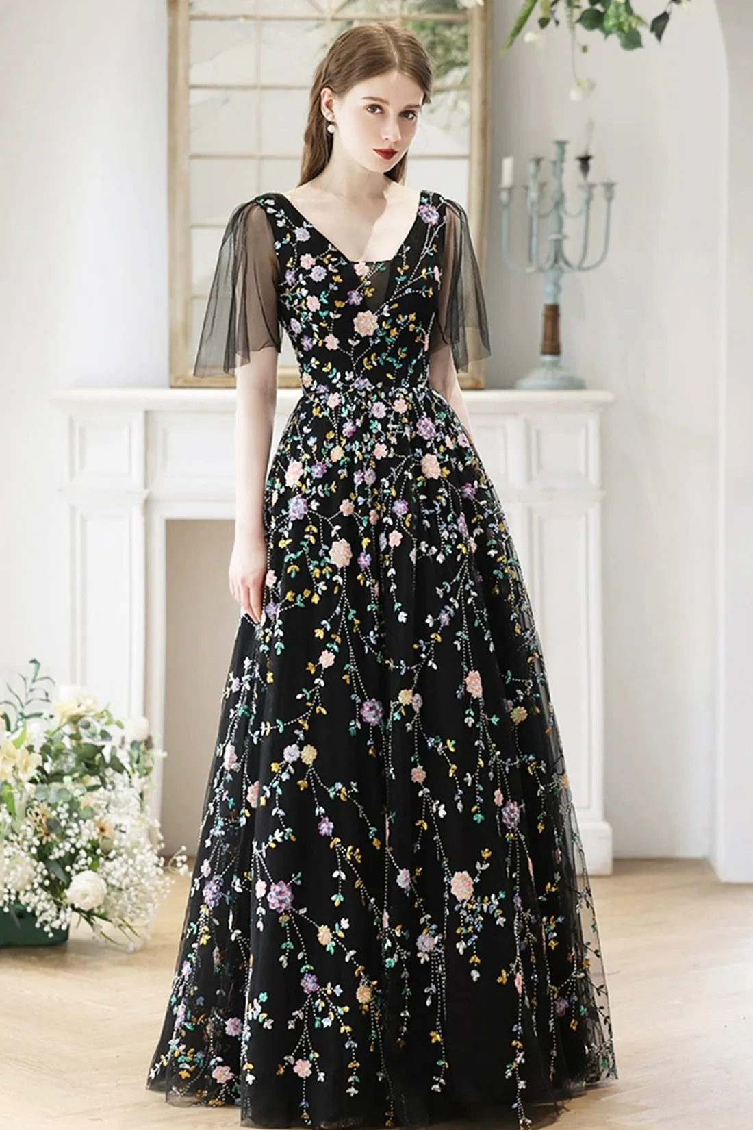 Black V-Neck Tulle Sequins Long Prom Dress, Black A-Line Formal Evening Dress