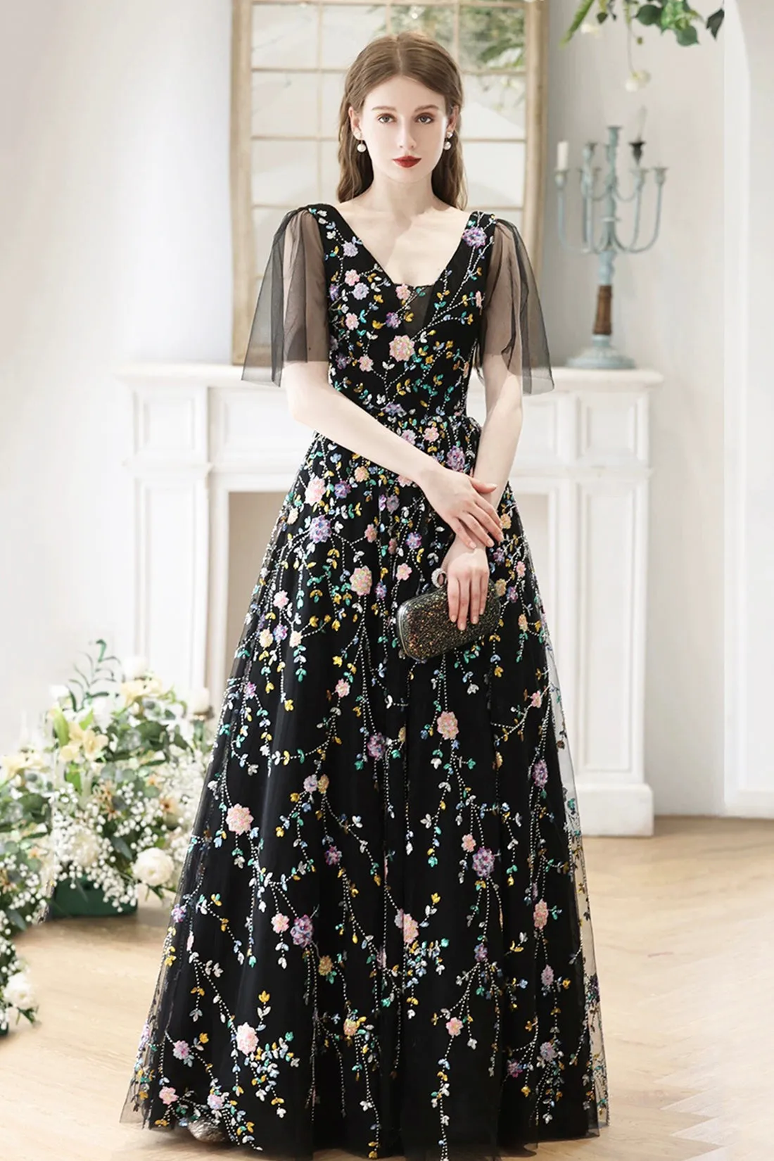 Black V-Neck Tulle Sequins Long Prom Dress, Black A-Line Formal Evening Dress