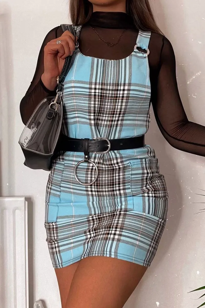 Blue Check Ring Detail Pinafore Dress - Blaire