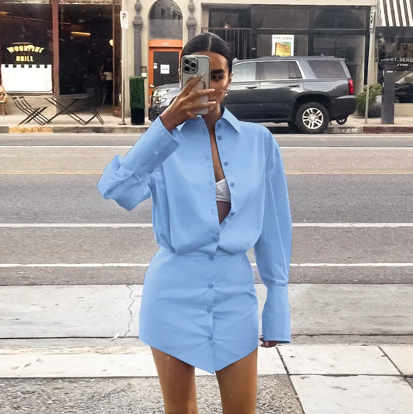 Blue Loose Collared Shirt Dress with Fitted Sleeves