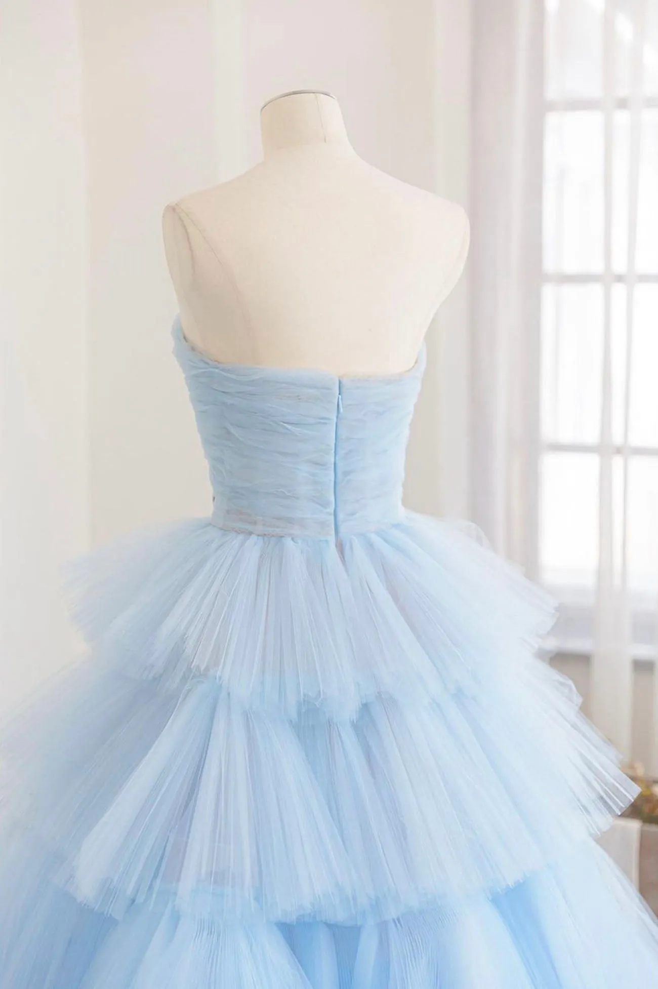 Blue Strapless Tulle Layers Long Prom Dress, Beautiful A-Line Evening Dress