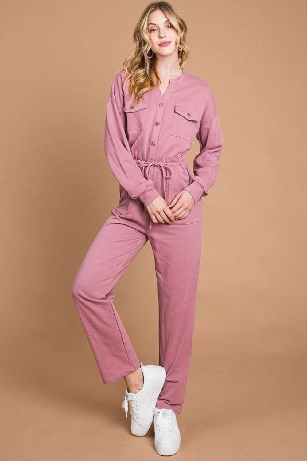Blue Zone Planet |  Culture Code Full Size Button Up Drawstring Waist Straight Jumpsuit