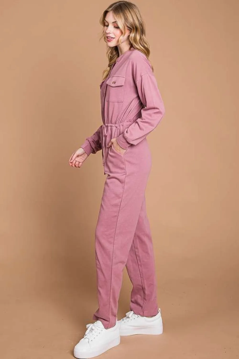 Blue Zone Planet |  Culture Code Full Size Button Up Drawstring Waist Straight Jumpsuit