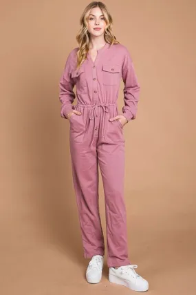 Blue Zone Planet |  Culture Code Full Size Button Up Drawstring Waist Straight Jumpsuit