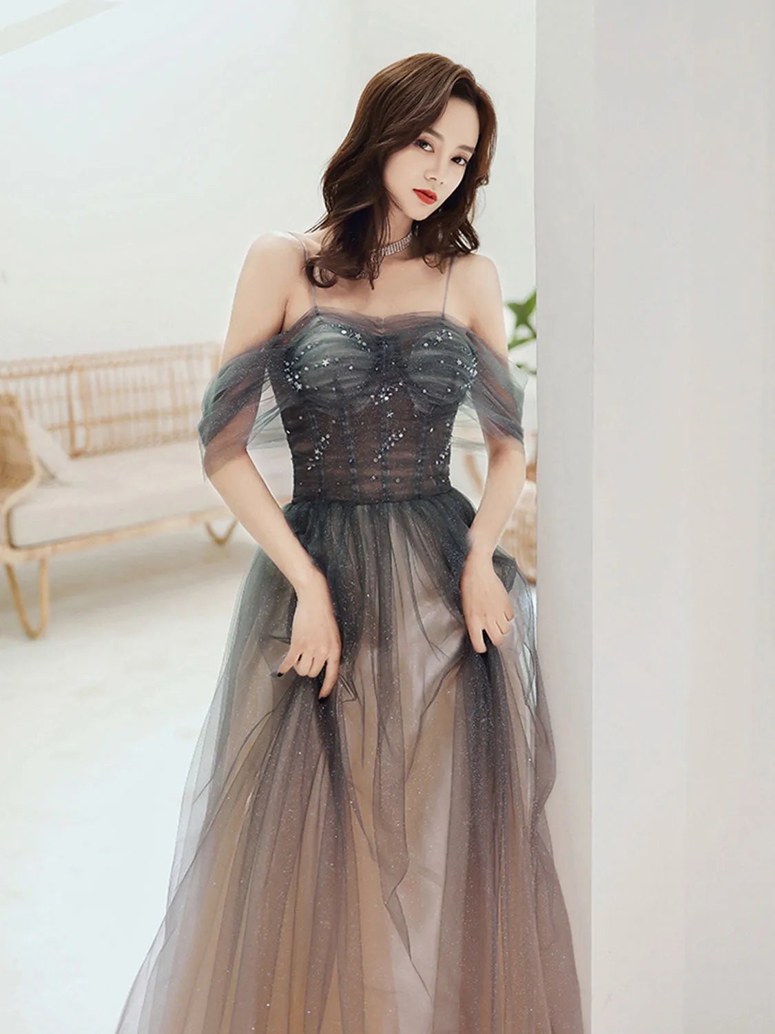 Brown A line Off Shoulder Tulle Long Prom Dress, Brown Graduation Dress
