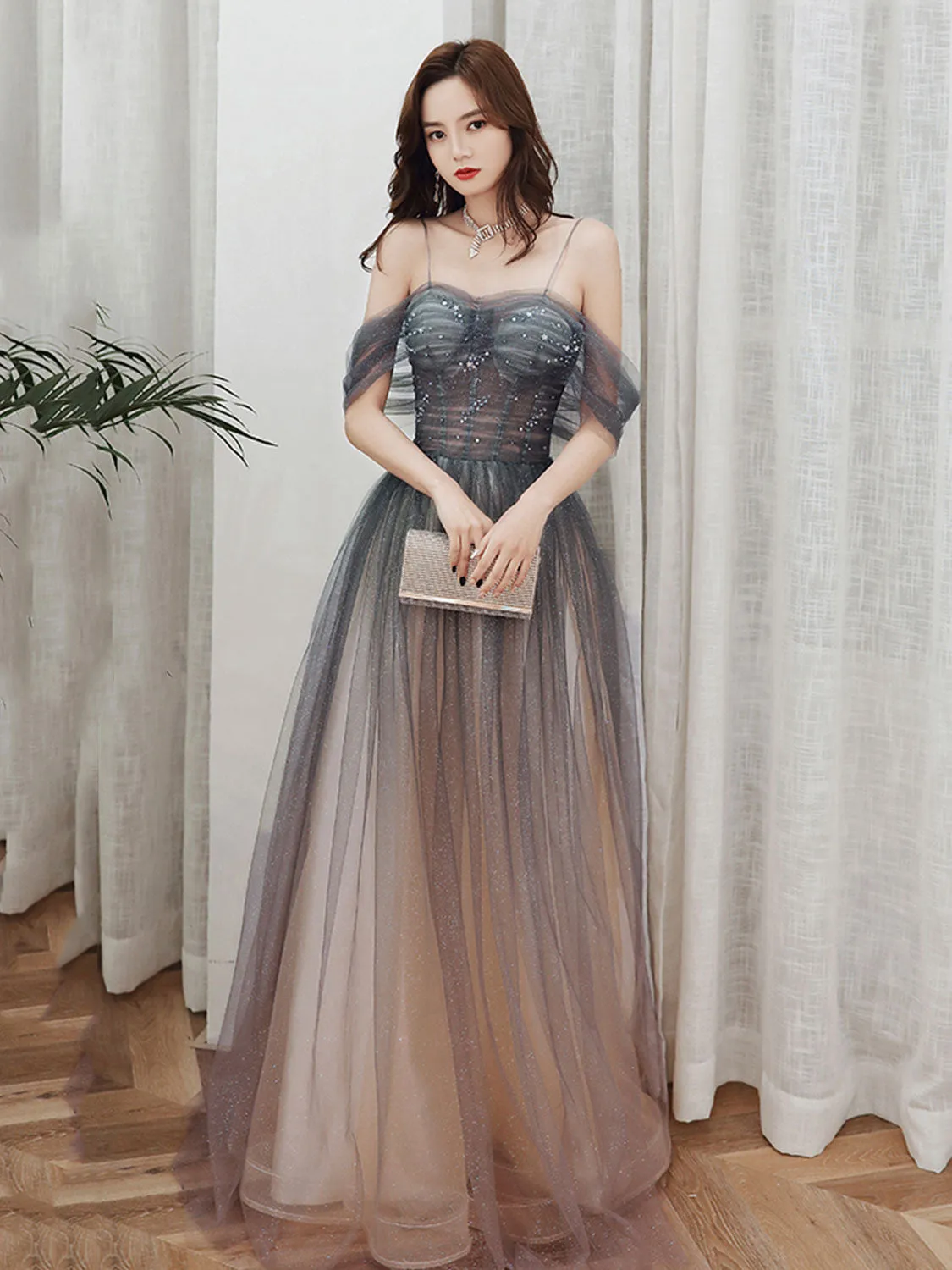 Brown A line Off Shoulder Tulle Long Prom Dress, Brown Graduation Dress