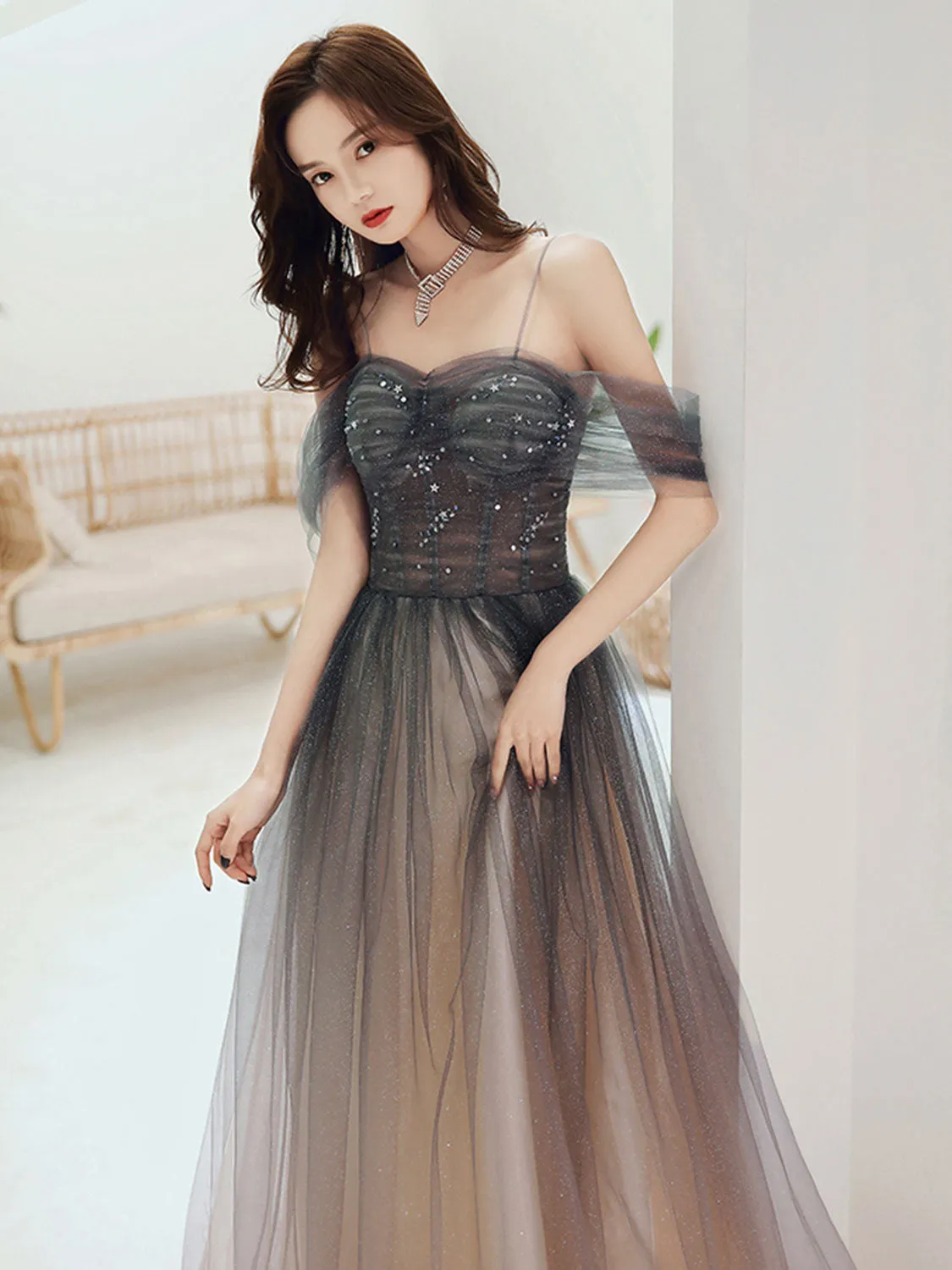 Brown A line Off Shoulder Tulle Long Prom Dress, Brown Graduation Dress