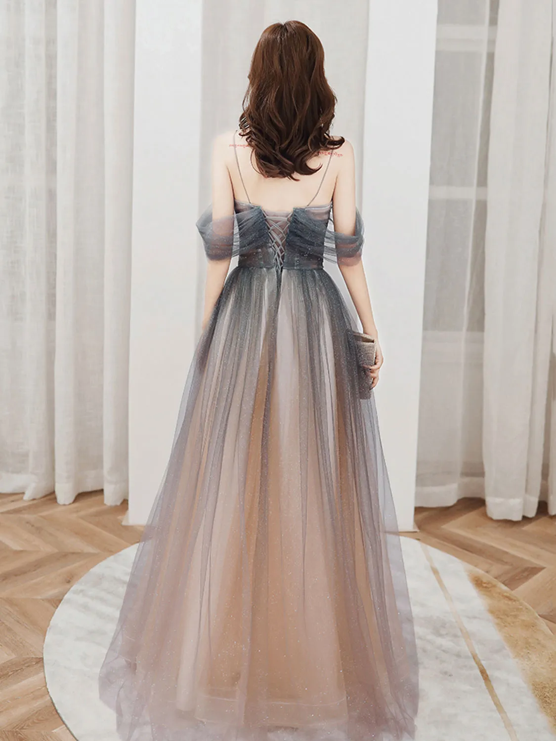 Brown A line Off Shoulder Tulle Long Prom Dress, Brown Graduation Dress