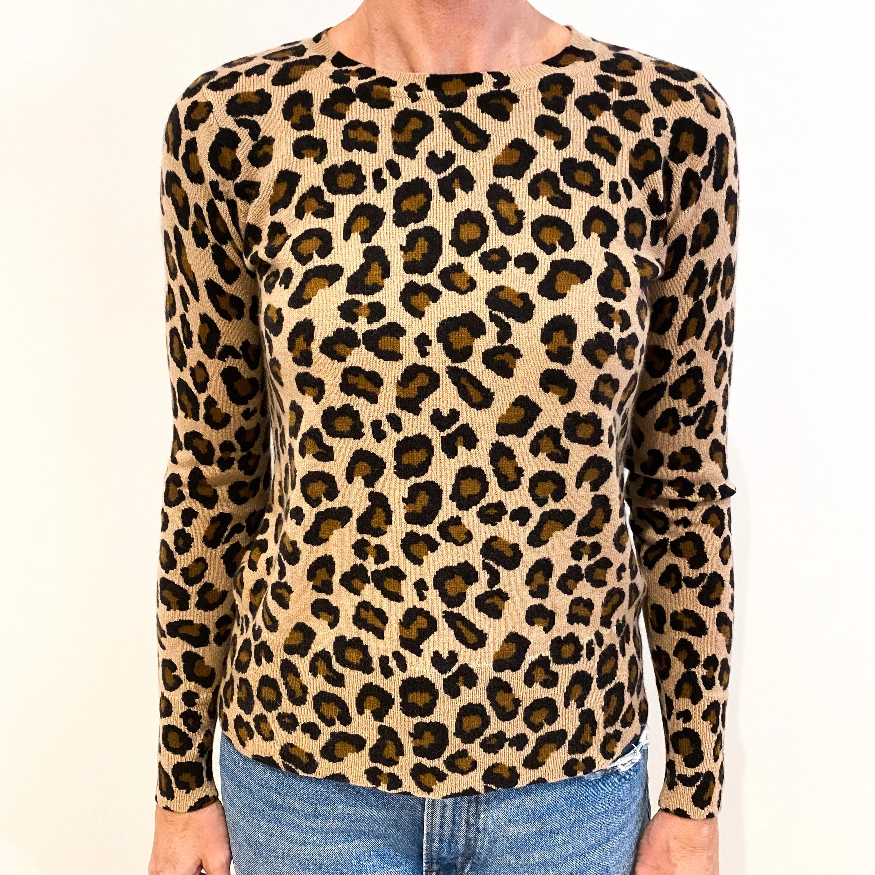 Brown Leopard Print Cashmere Crew Neck Jumper Small