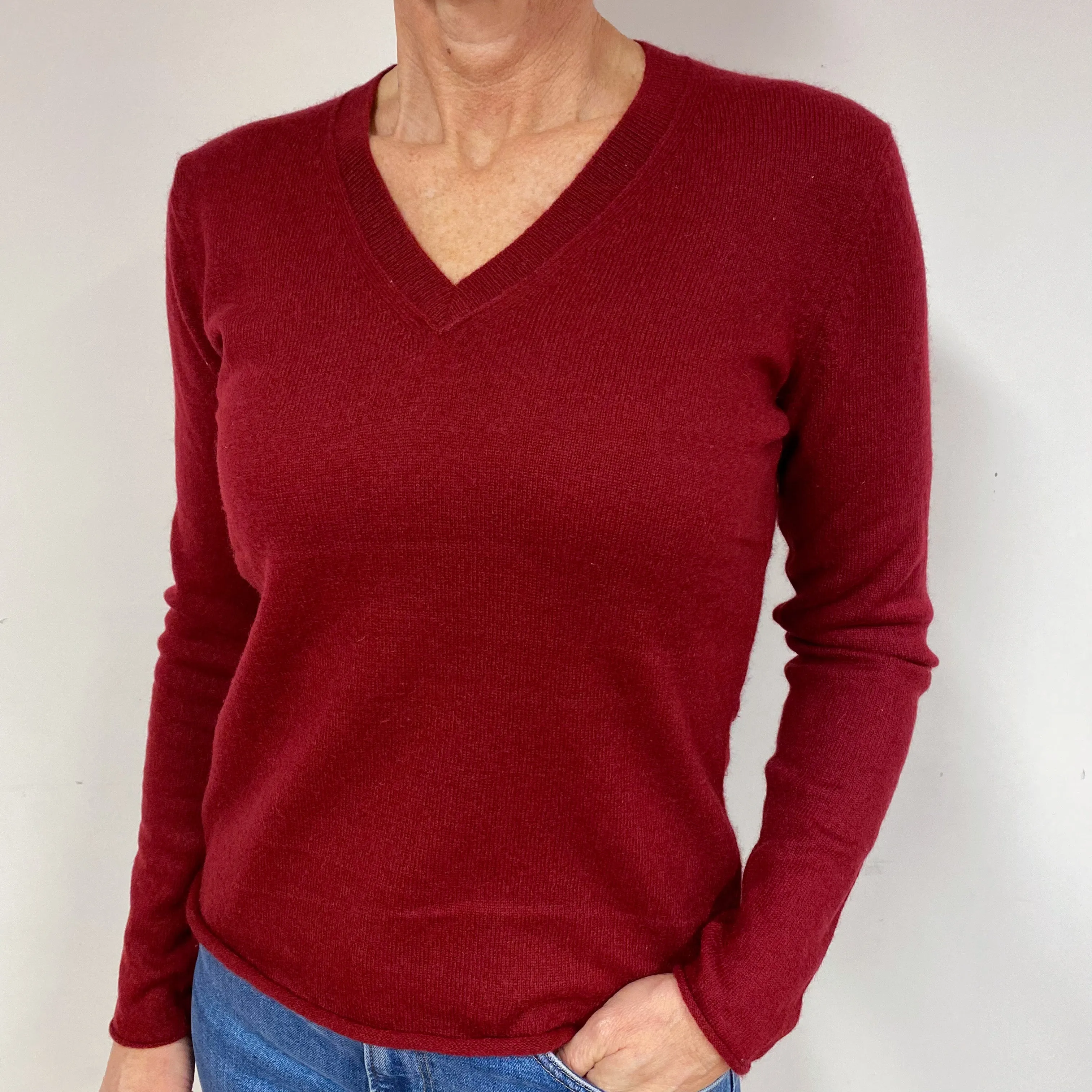 Burgundy Red Cashmere V-Neck Jumper Medium