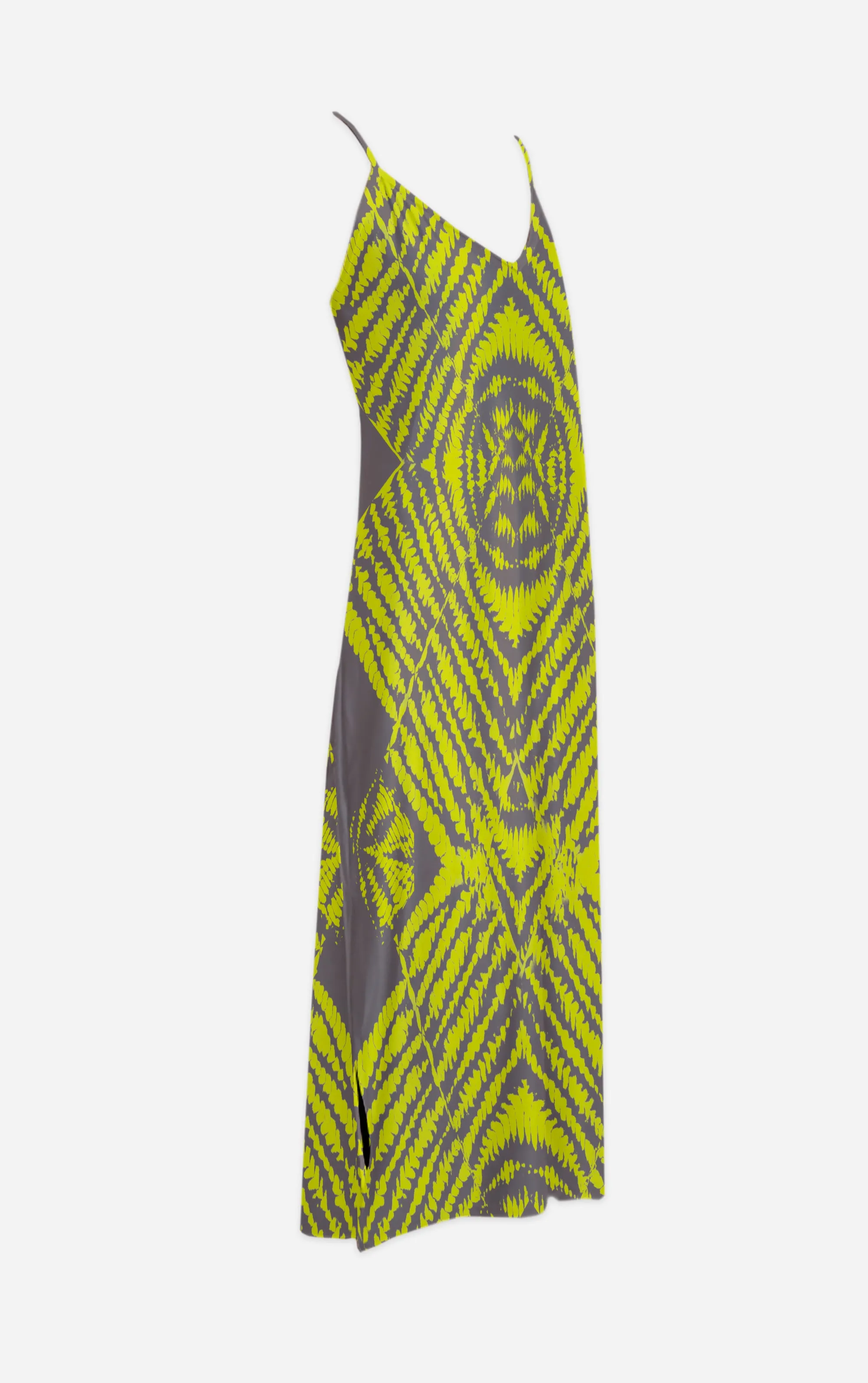 Byzantine Tie Dye- 100% Silk Satin French Gothic V Neck Slip Dress in Lavender Steel & Mustard | Le Leanian™