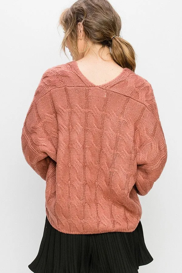 Cable Knit Pullover Sweater In Mustard