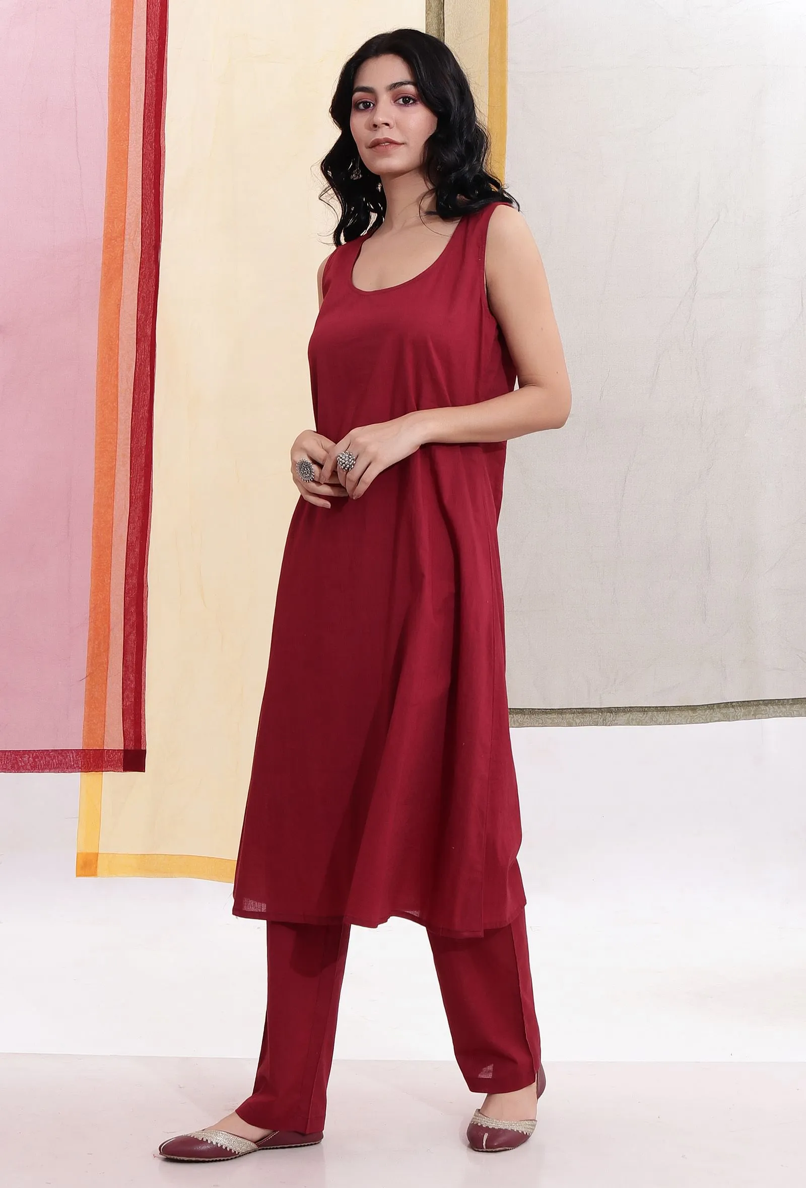 Carmine Red Sleeveless Flared Slip Kurta