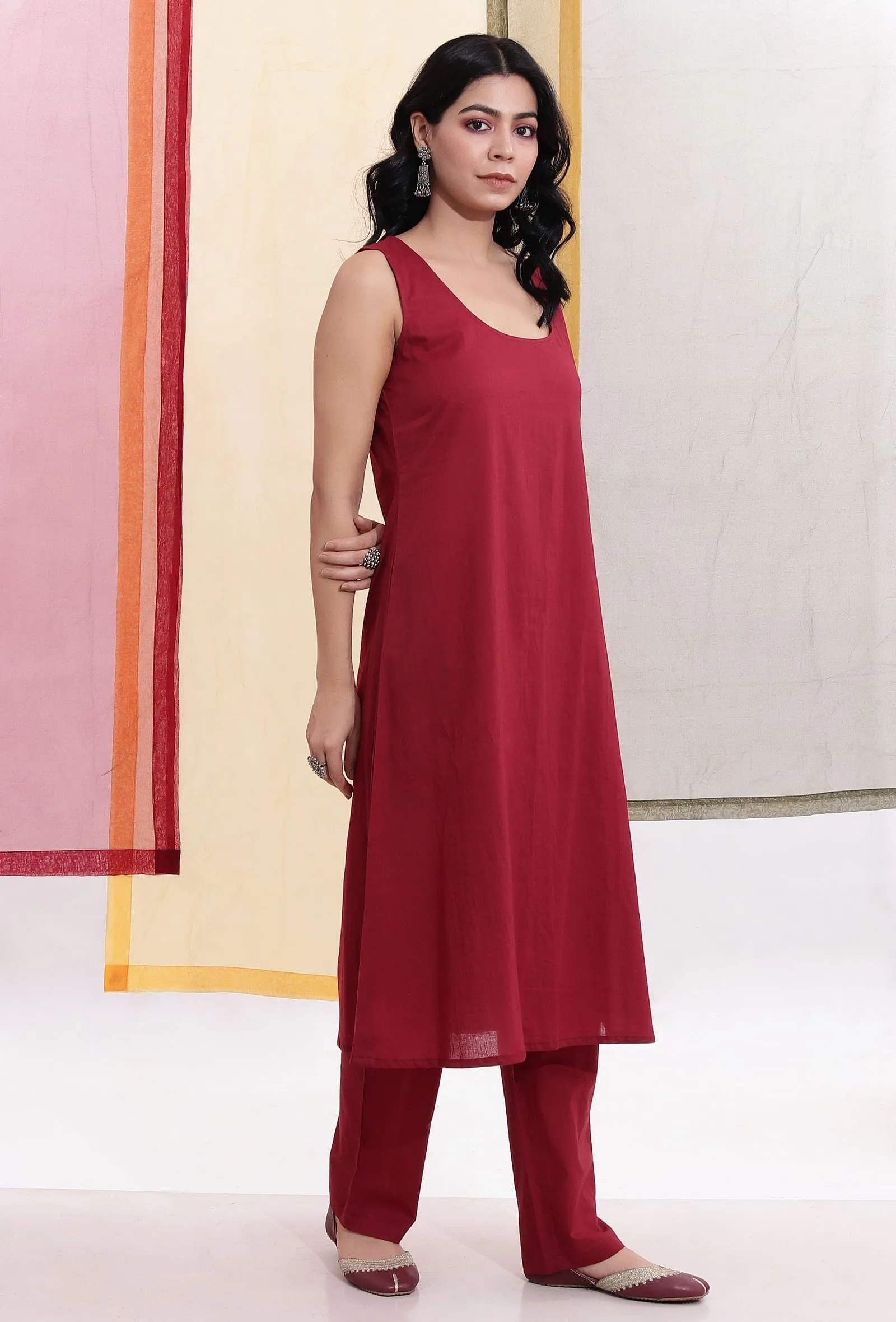 Carmine Red Sleeveless Flared Slip Kurta