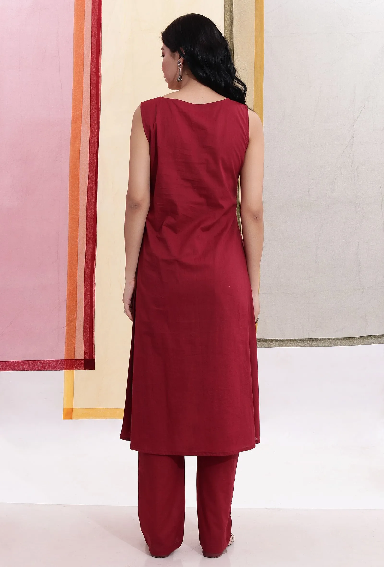 Carmine Red Sleeveless Flared Slip Kurta