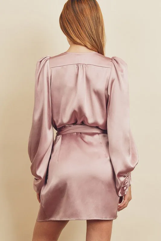 Champagne Mauve Satin Wrap Mini-Dress