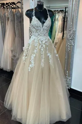 Champagne Spaghetti Strap Tulle Lace Long Backless Prom Dress