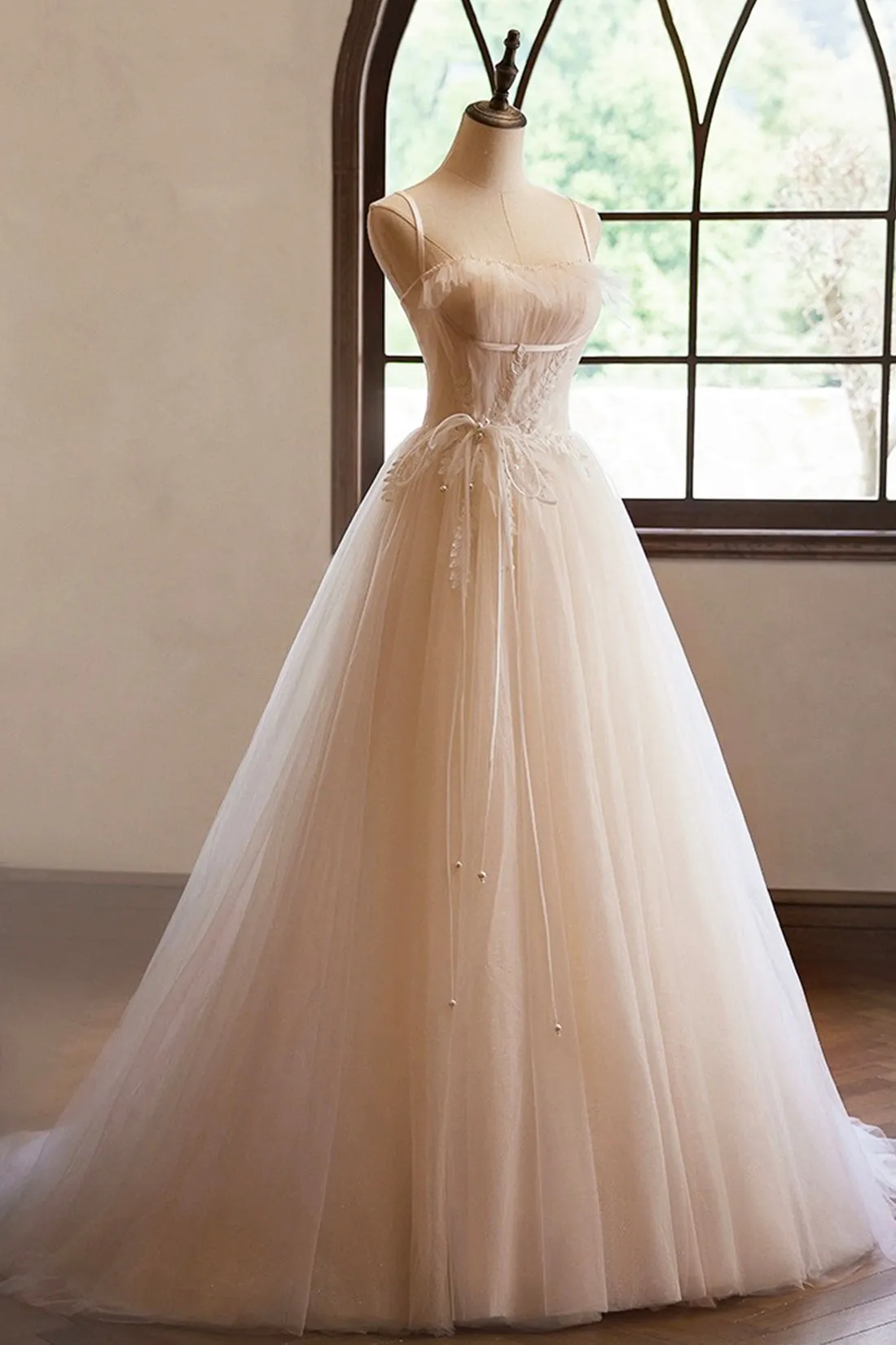Champagne Spaghetti Straps Lace Long Prom Dress, A-Line Backless Evening Party Dress