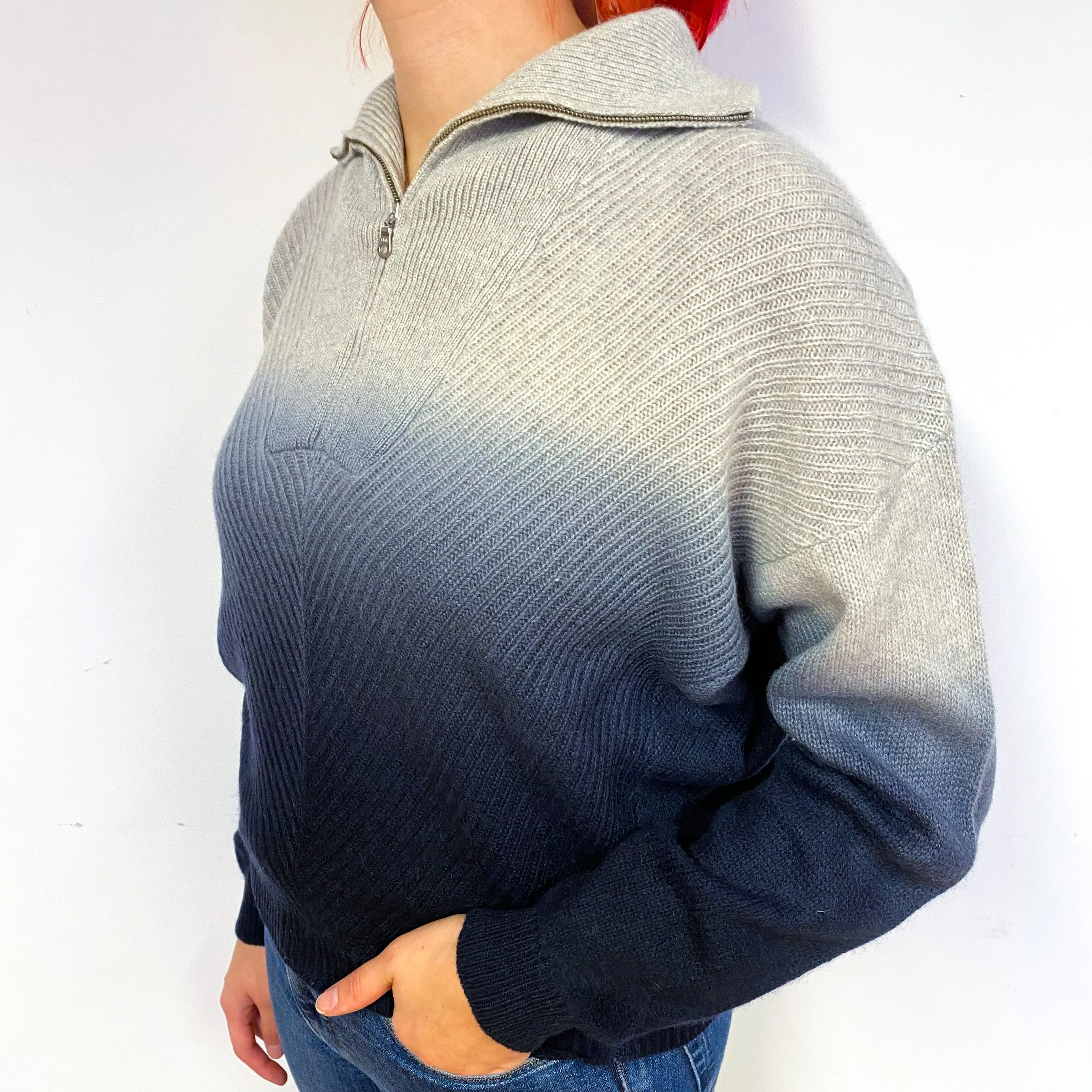 Chunky Grey Navy Ombré Cashmere 1/4 Zip Jumper Small