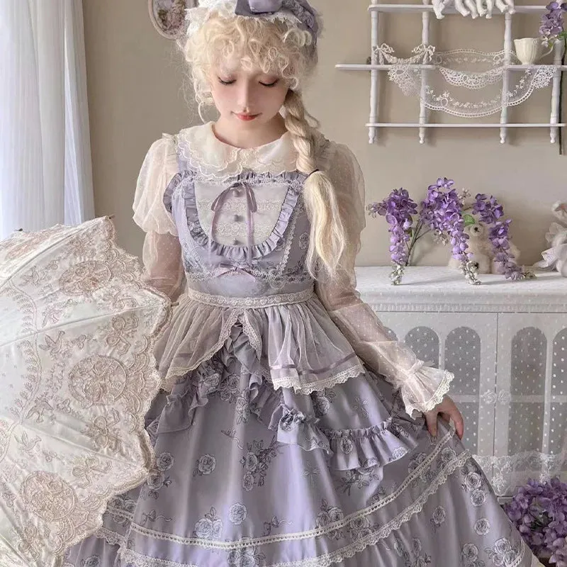 Classic Lolita JSK Dress ~ Holy Rose ~ Elegant Printed Long Dress with Mesh Waist Curtain