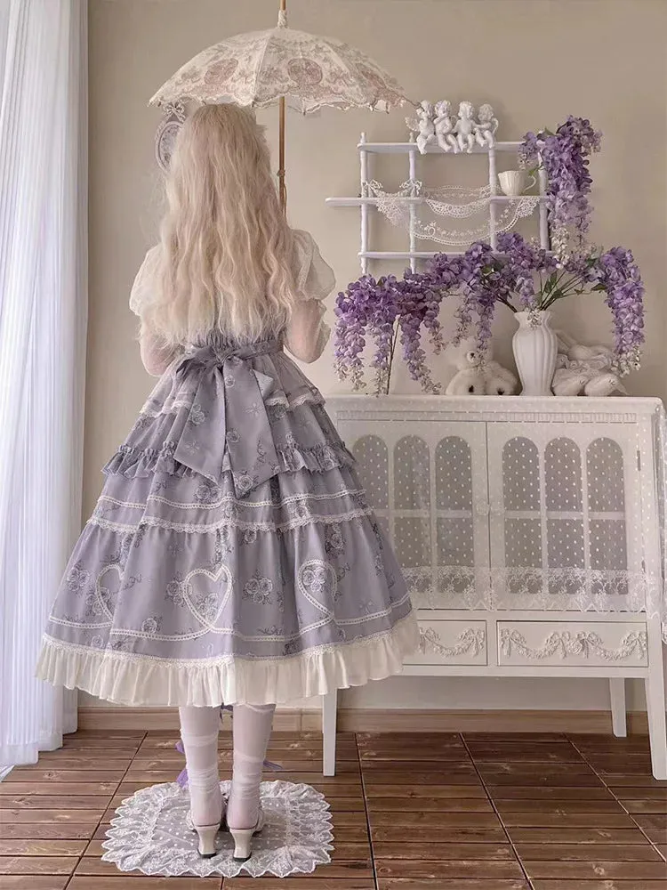 Classic Lolita JSK Dress ~ Holy Rose ~ Elegant Printed Long Dress with Mesh Waist Curtain