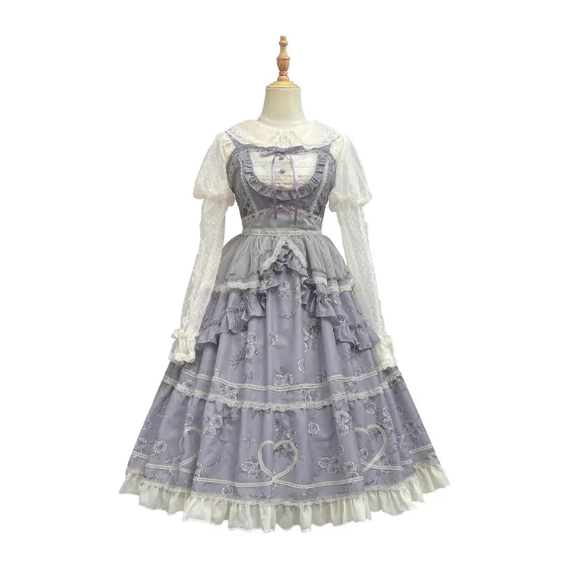 Classic Lolita JSK Dress ~ Holy Rose ~ Elegant Printed Long Dress with Mesh Waist Curtain